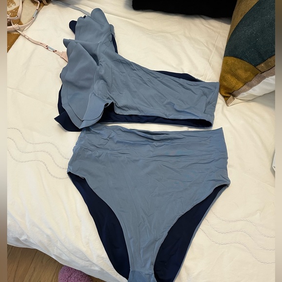 Ancora swimwear blue ruffle one shoulder bathing suit set - Picture 3 of 3